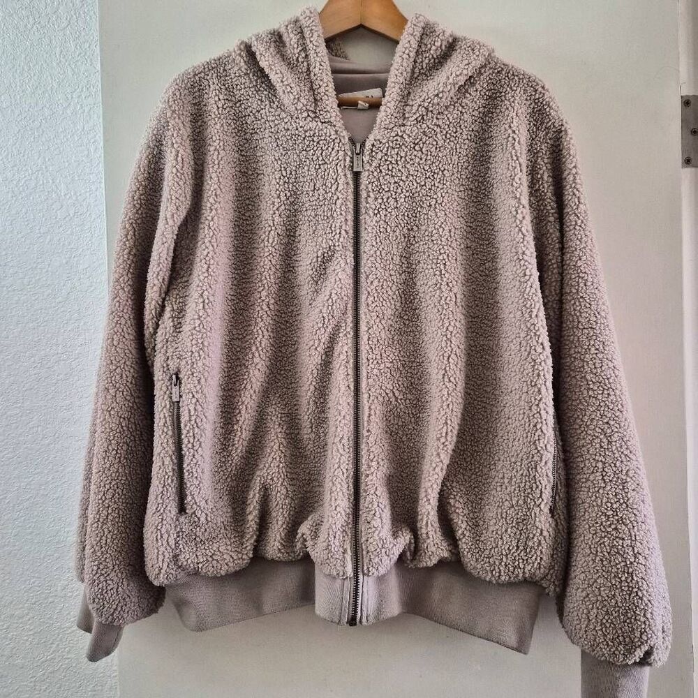 Splendid Fuzzy Thick Fleece Neutral Tan Beige Cropped Hoodie Jacket w/ Lining